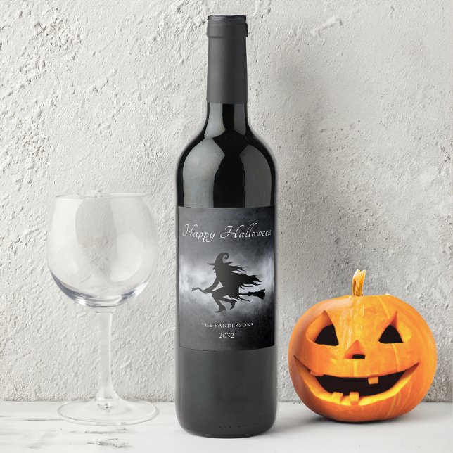 Happy Halloween Flying Witch Personalised   Wine Label (Creator Uploaded)