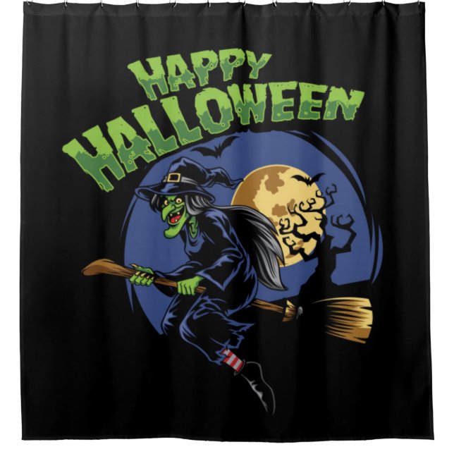 Happy Halloween Flying Witch Shower Curtain (Front)