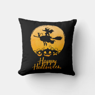 Happy Halloween Flying Witch with Cat and Pumpkins Cushion