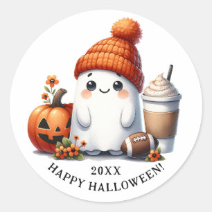 Happy Halloween Football Theme Ghost Classic Round Sticker