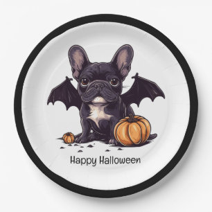 Happy Halloween French Bulldog Bat Wings Pumpkins Paper Plate