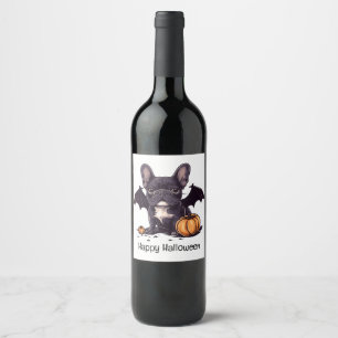 Happy Halloween French Bulldog Bat Wings Pumpkins Wine Label