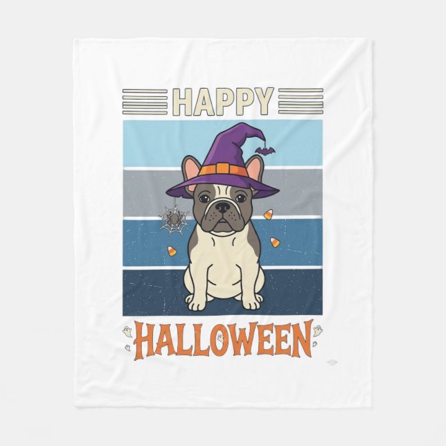 Happy Halloween French Bulldog Witch Spider Web Ca Fleece Blanket (Front)