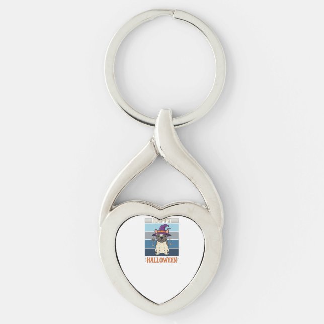 Happy Halloween French Bulldog Witch Spider Web Ca Key Ring (Front)