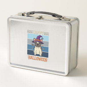 Happy Halloween French Bulldog Witch Spider Web Ca Metal Lunch Box