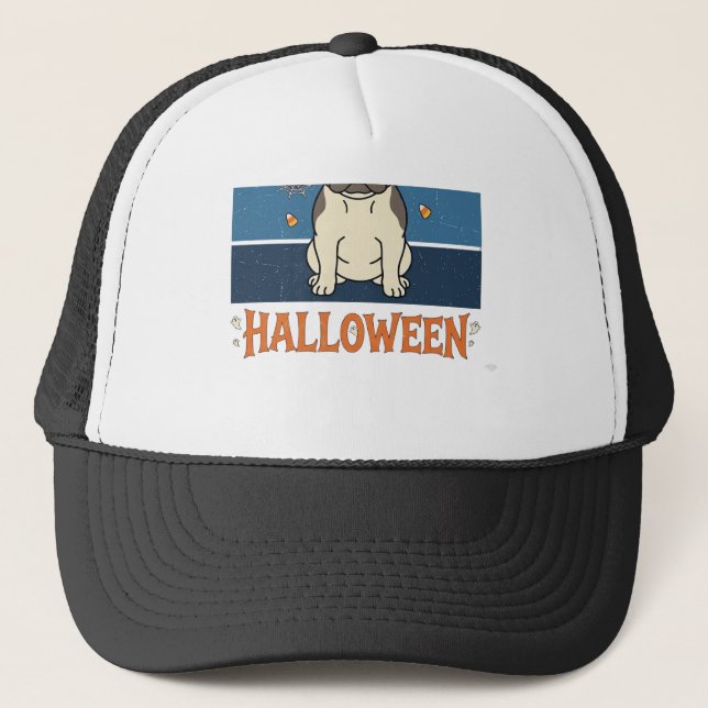 Happy Halloween French Bulldog Witch Spider Web Ca Trucker Hat (Front)