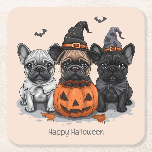Happy Halloween French Bulldogs Square Paper Coaster (Front)