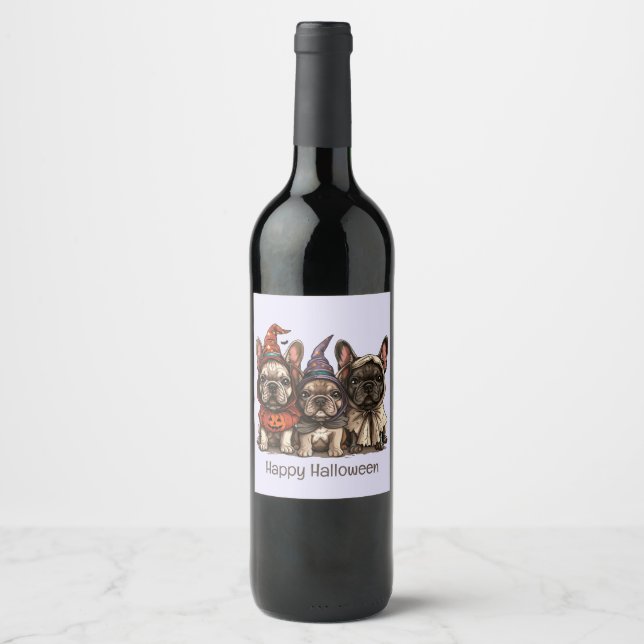Happy Halloween French Bulldogs Wine Label (Front)