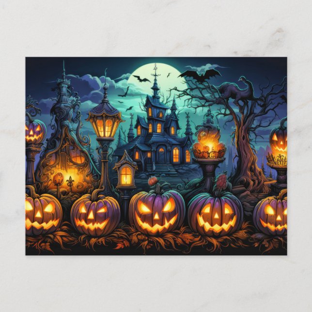 Happy Halloween Frightful Glowing Pumpkins Postcard (Front)
