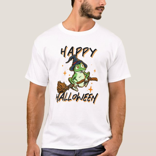 Happy Halloween Frog Cute Costume Funny Frog Witch T-Shirt (Front)