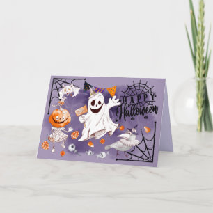 Happy Halloween. Fun Ghost, Pumpkin Girl, Raven Card