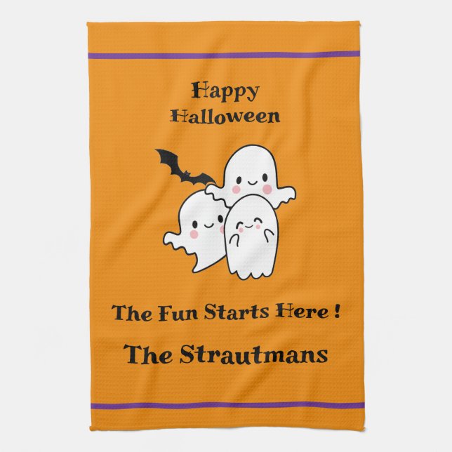 Happy Halloween Fun PERSONALIZE Ghost Bat Orange  Tea Towel (Vertical)