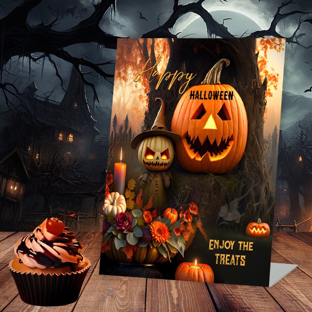 Happy Halloween Fun Treats  Pedestal Sign (Halloween party table sign featuring witch pumpkins with candles and flowers - offer sweet treats)