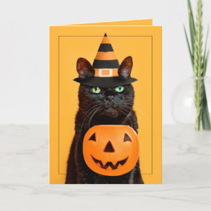 Happy Halloween Funny Black Cat in Witch Hat Holiday Card
