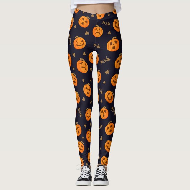 Happy Halloween Funny Orange Pumpkins Pattern Leggings (Front)