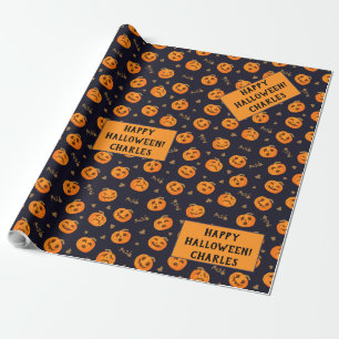 Happy Halloween Funny Scary Orange Pumpkin Pattern Wrapping Paper