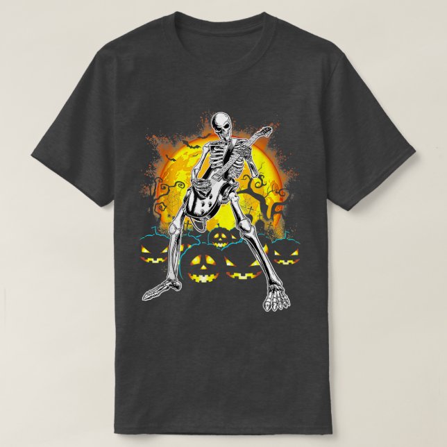 Happy Halloween Funny Skeleton Playing Guitar Pump T-Shirt (Design Front)