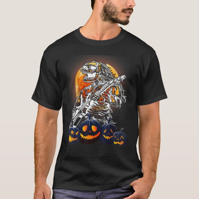 Happy Halloween Funny Skeleton Playing Guitar Pump T-Shirt (Front)