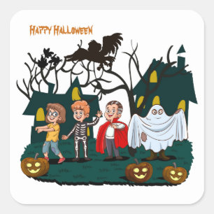 Happy Halloween Ghost and Pumpkins Square Sticker