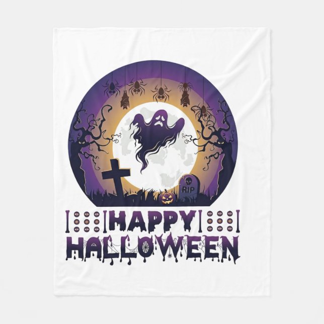 Happy Halloween Ghost Bats Spiders_1 Fleece Blanket (Front)