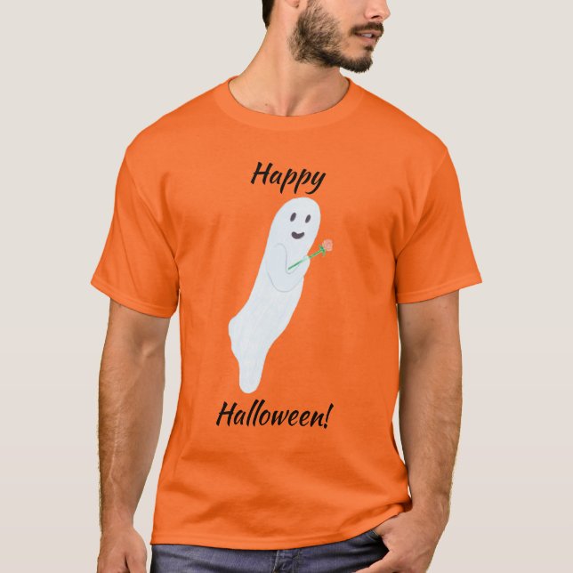 Happy Halloween Ghost holding Orange Rose Tshirts (Front)