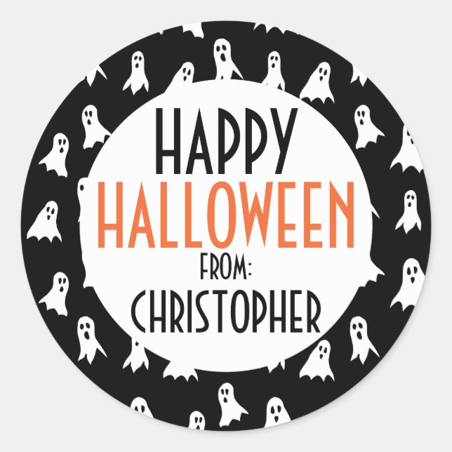 Happy Halloween Ghost Pattern Kids Personalised Classic Round Sticker (Front)