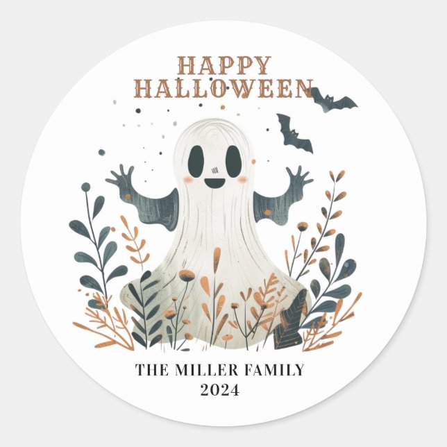 Happy Halloween Ghost Round Stickers (Front)