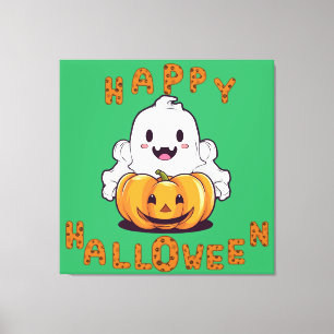 Happy Halloween Ghost sitting on a pumpkin Canvas Print