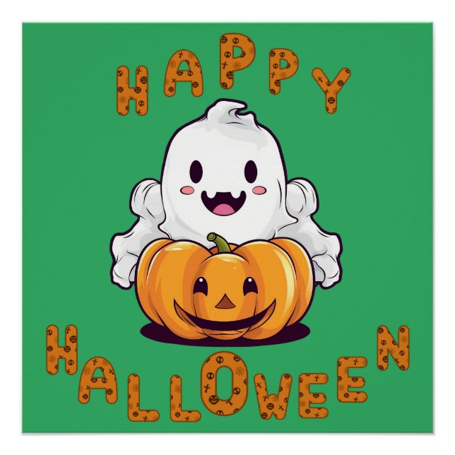 Happy Halloween Ghost sitting on a pumpkin  Poster (Front)