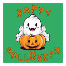 Happy Halloween Ghost sitting on a pumpkin 