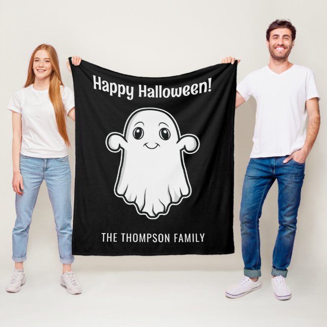 Happy Halloween Ghost Smiling Custom Family Name Fleece Blanket (In Situ)