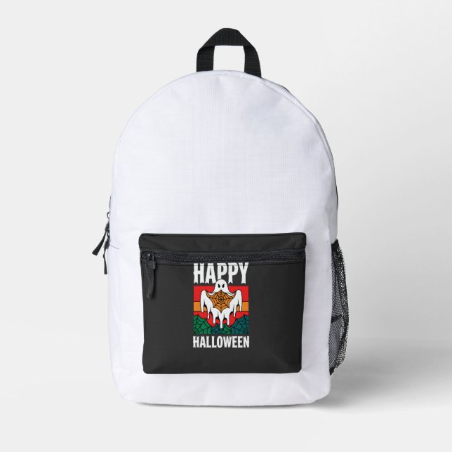 Happy Halloween Ghost Spiderweb Retro Printed Backpack (Front)