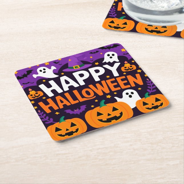 Happy halloween ghost square paper coaster (Angled)