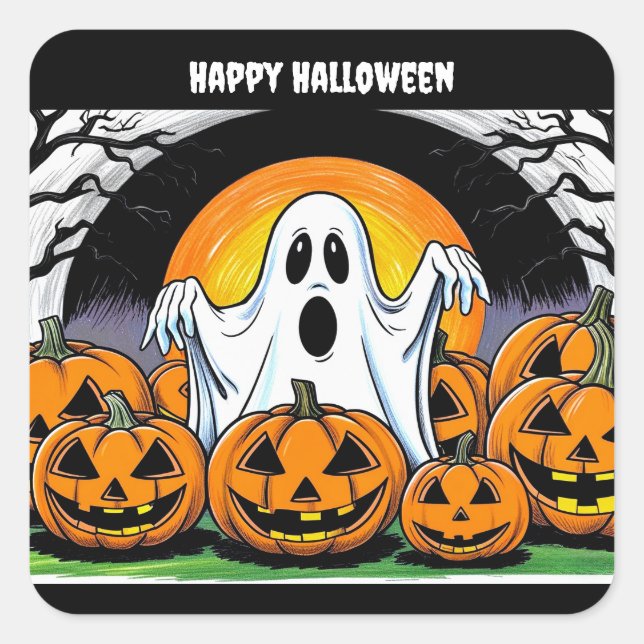 Happy Halloween Ghost Square Sticker (Front)