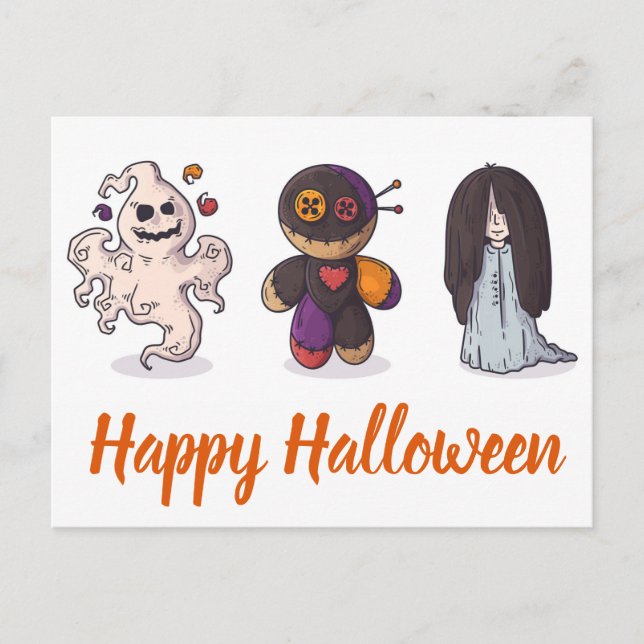 Happy Halloween Ghost Voodoo Doll and Girl Postcard (Front)