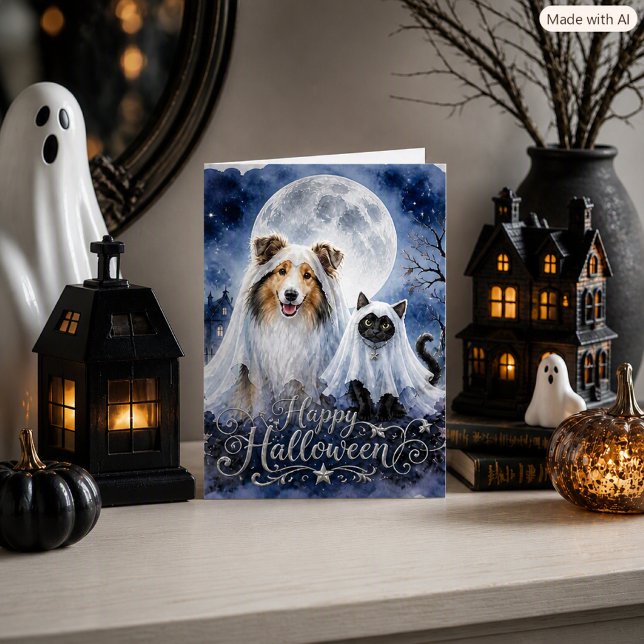 Happy Halloween Ghosts Collie & Cat  Folded Card (Creator Uploaded)
