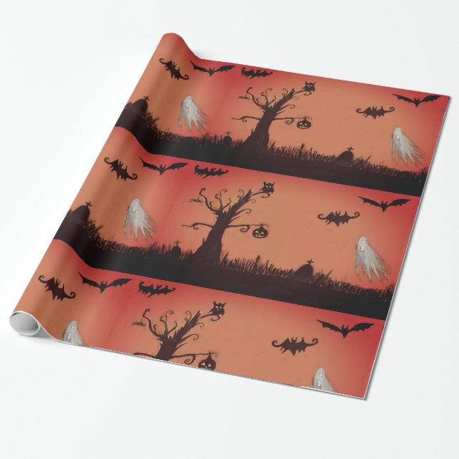 Happy Halloween  Ghosts & Pumpkin Wrapping Paper (Unrolled)