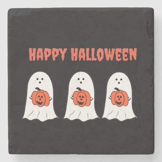 Happy Halloween Ghosts with Jack-o-Lanterns Stone Coaster (Front)