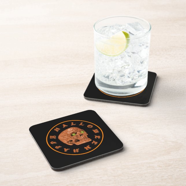 Happy Halloween Glitter Skull Black Coasters (Right Side)