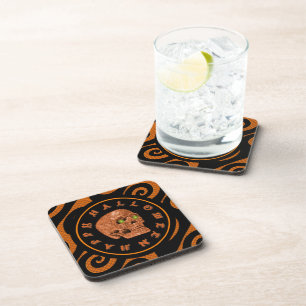 Happy Halloween Glitter Skull Square Coasters