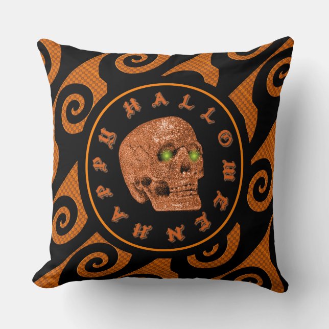Happy Halloween Glitter Skull Throw Pillow (Front)