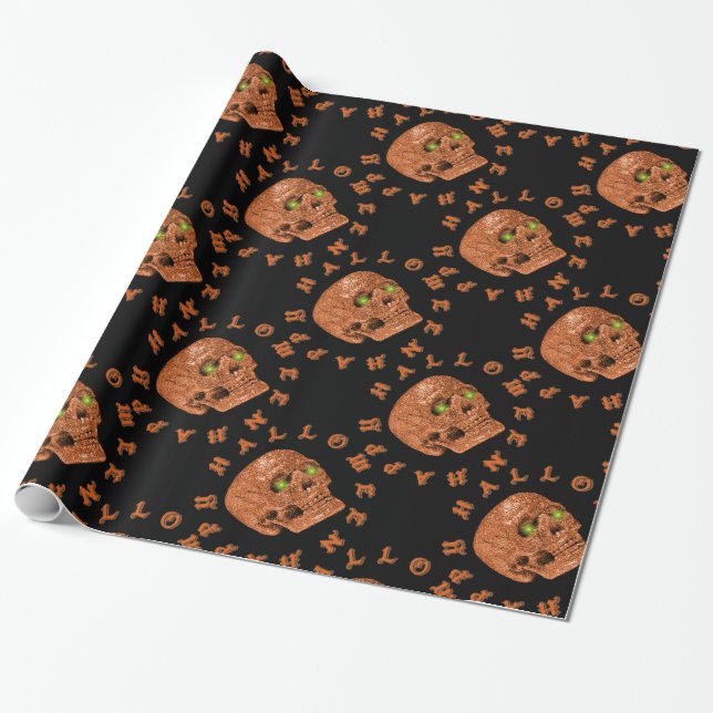 Happy Halloween Glitter Skull Wrapping Paper (Unrolled)