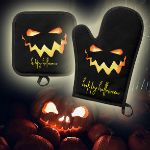 Happy Halloween Glowing Jack-o-lantern Face Oven Mitt & Pot Holder Set