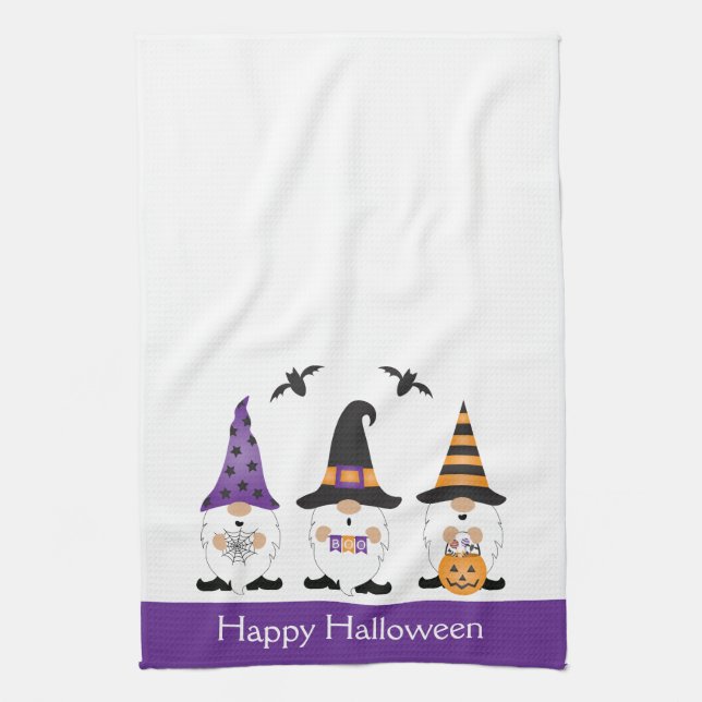Happy Halloween Gnomes Purple Orange Tea Towel (Vertical)
