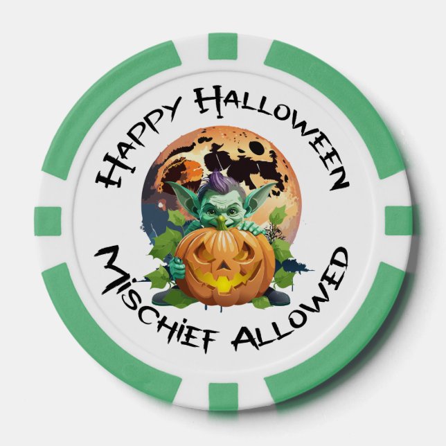 Happy Halloween Goblin Hiding Behind Pumpkin  Poker Chips (Front)