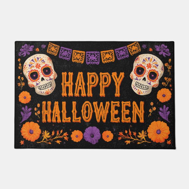Happy Halloween Gold Sugar Skull with Marigolds Doormat (Front)