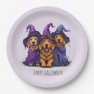 Happy Halloween Golden Retriever Dogs Witches Paper Plate