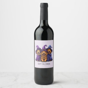 Happy Halloween Golden Retriever Dogs Witches Wine Label