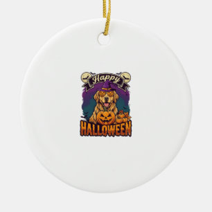 Happy Halloween Golden Retriever Witch Hat Pumpkin Ceramic Tree Decoration
