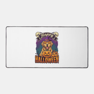 Happy Halloween Golden Retriever Witch Hat Pumpkin Desk Mat